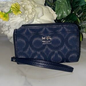 Coach Navy Signature Wristlet with Silver Logo Hardware